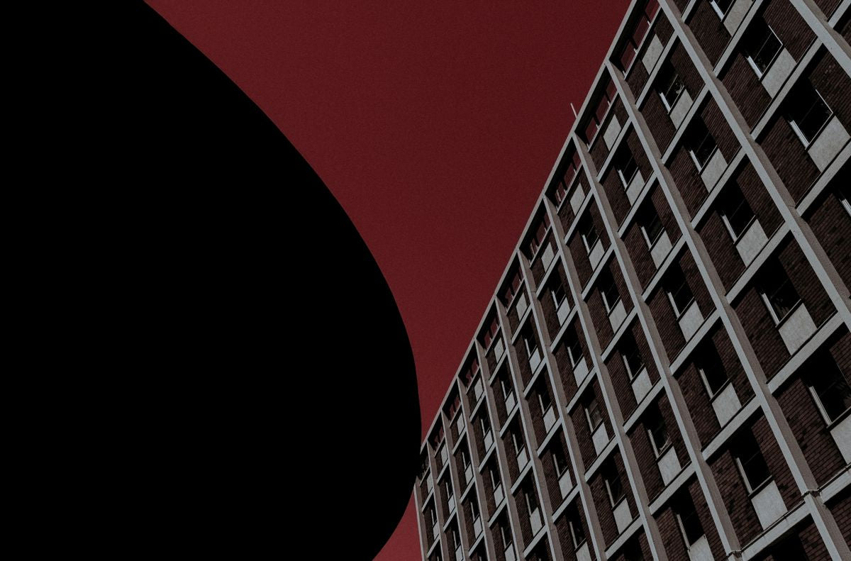 Dramatic black and deep red architectural abstract photography print with a minimalist curve, titled Simply Red.
