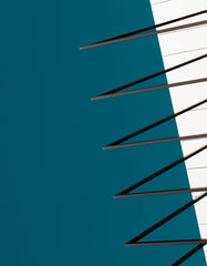 Minimalist abstract architectural photography print in teal blue and white with geometric lines, titled Keys in Blue.